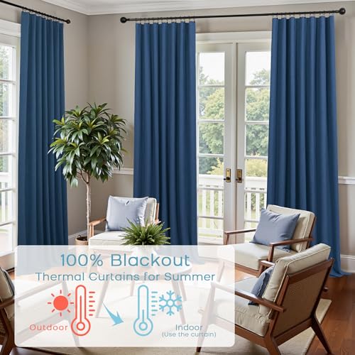 Image of KOUFALL Navy Blue Curtains Blackout 84 Inch Length,Linen Pleated Dark Blue Black Out Back Tab Midnight Curtains for Living Room Men Bedroom