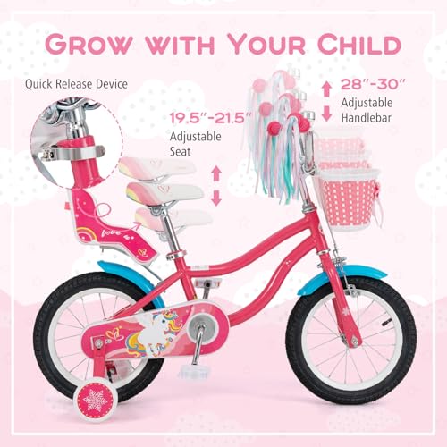 Image of BABY JOY Girls Bike with Streamers & Doll-Seat, Kids Bike for 3-8 Years Old | 12 14 16 18 20 Inch Children Bicycle w /Detachable Training Wheels or Kickstand, Storage Basket, Adjustable Seat and Handlebar