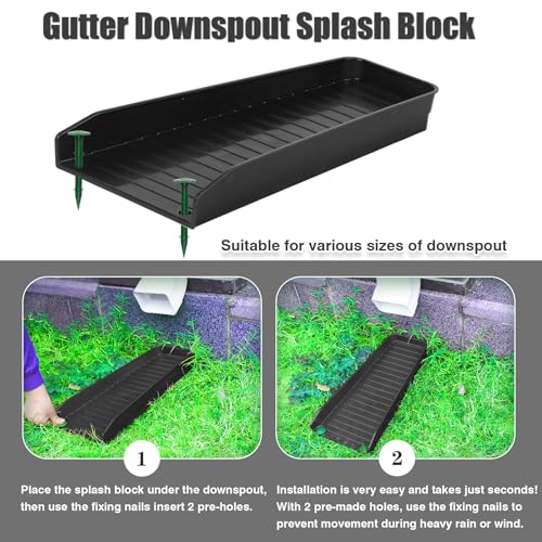 Somcthao 4-Pack Rain Gutter Downspout Splash Block - 16" Fixable Gutter Downspout Extension for Rainwater Drainage, Ladder Downwards Design with 8 Fixed PP Nails (Black)