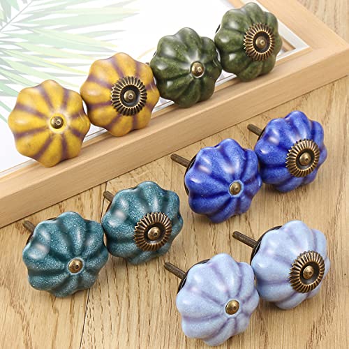 HUAMULAN Schrankknöpfe, Keramik, Kommode, Schubladen, sortiert, Blumenmuster, Boho-Schrank, Möbel, Handmalerei, antike Knauf, bunte Kürbisform, Schneidsäge zum Trimmen von Schrauben, 10 Stück Cover