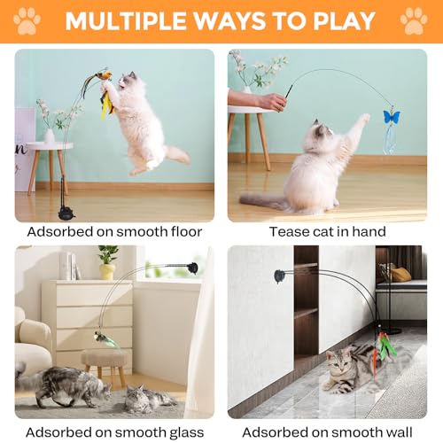 12 Pcs Interactive Cat Toys with Super Suction Cup,2 Cat Wand Stick Toy,9 Pcs Detachable Bird Feather Worm Butterfly Pet Teaser with Bell for Cats Kitty,Indoor Cat Kitten Feather Toys Kits - Image 3