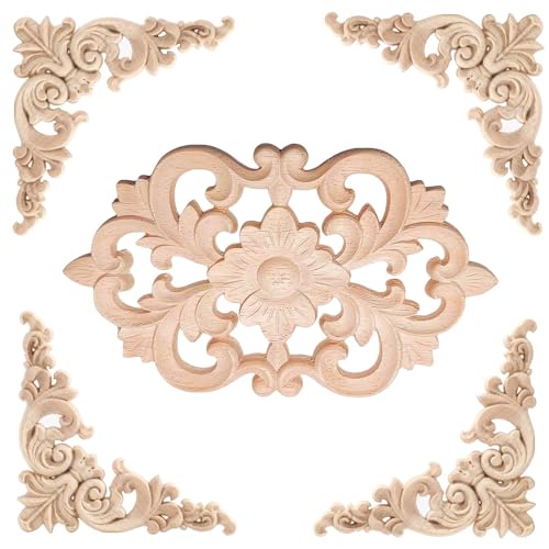 LXYUUM 5PCS Appliques Onlays Decorative for Furniture - Carved Onlay for Bed, Door, Cabinet, Wardrobe - Long Decoration Unpainted Wood Carving, 07