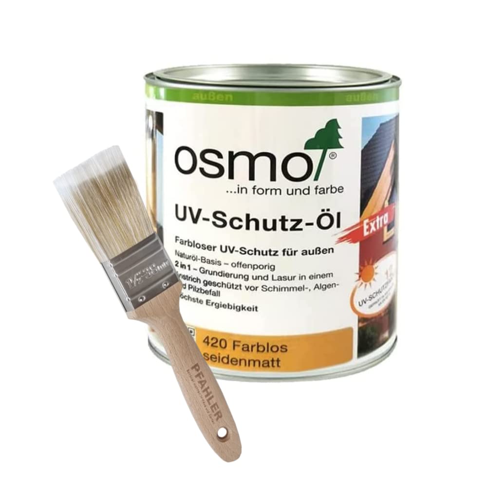 Osmo UV-Schutz-Öl Extra 420 Farblos für außen 750 ml + Flächenstreicher Pinsel von Pfahler Gratis.