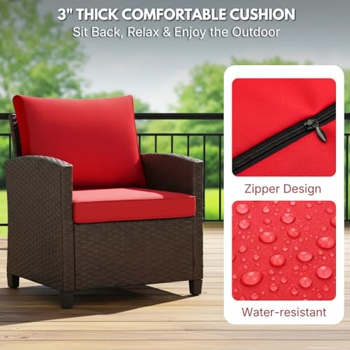 Image of DEVOKO Outdoor Wicker 3-Piece Patio Furniture Set with All-Weather Cushions & Rust Resistant Metal Frame UV-Resistant Furniture Design Perfect for Garden Balcony(Dark Brown & Red)