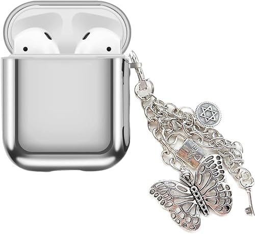 Funda compatible con AirPods 1 y 2, a prueba de golpes, espejo chapado en plata, piel suave con cadena de mariposa, llavero colgante 02