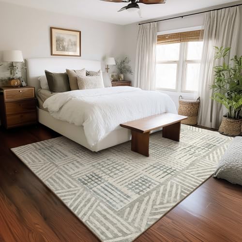 Image of Area Rug 6x9 Abstract Geometric Textured Brushstroke - Neutral Gray & Light Blue Modern Minimalist Area Rug, Decorative Carpet for Living Room Bedroom Home Decor