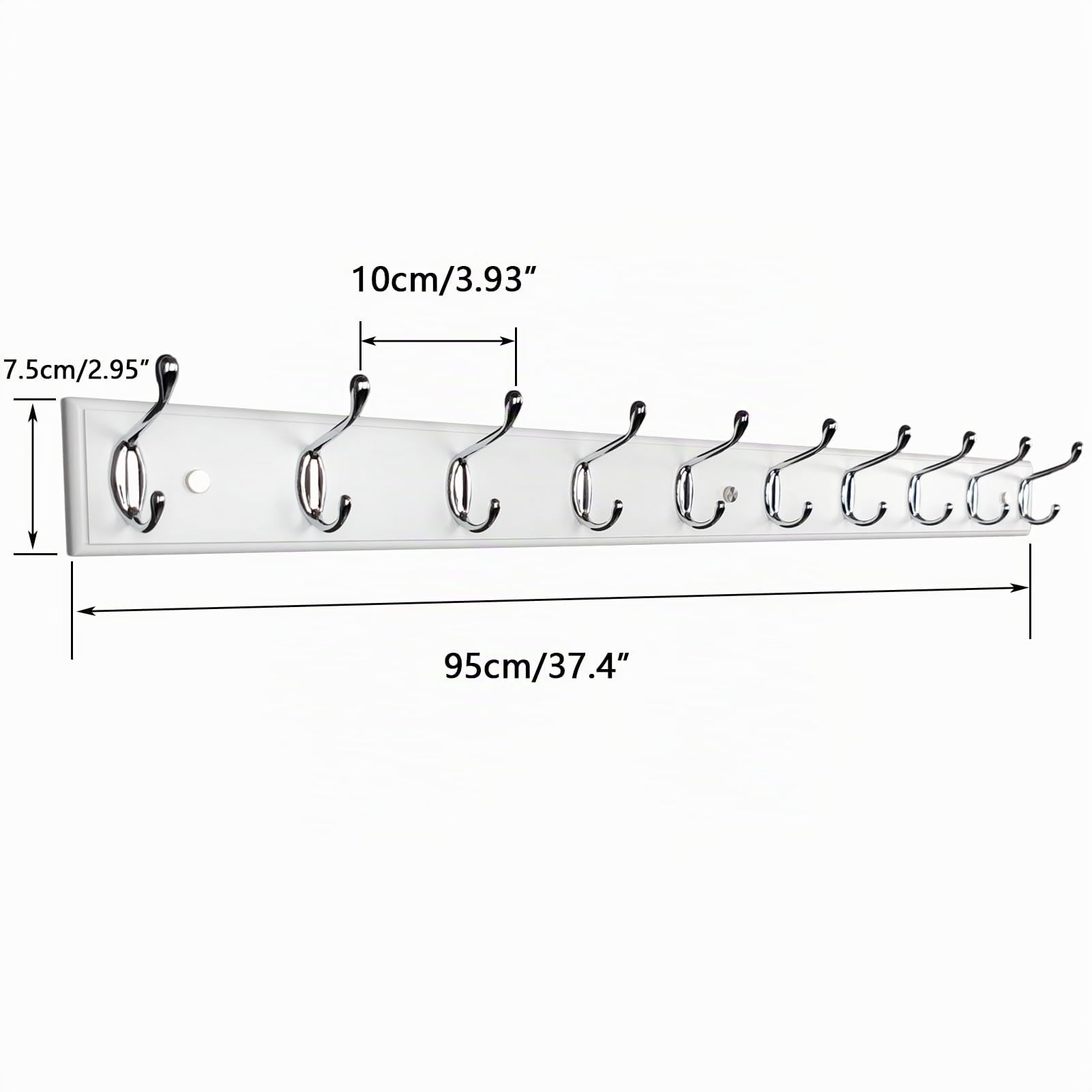 Appendiabiti da parete in legno con 10 ganci, 95 cm, bianco, robusto appendiabiti in argento per vestiti, cappelli, borse, grande appendiabiti moderno in legno per ingresso, corridoio