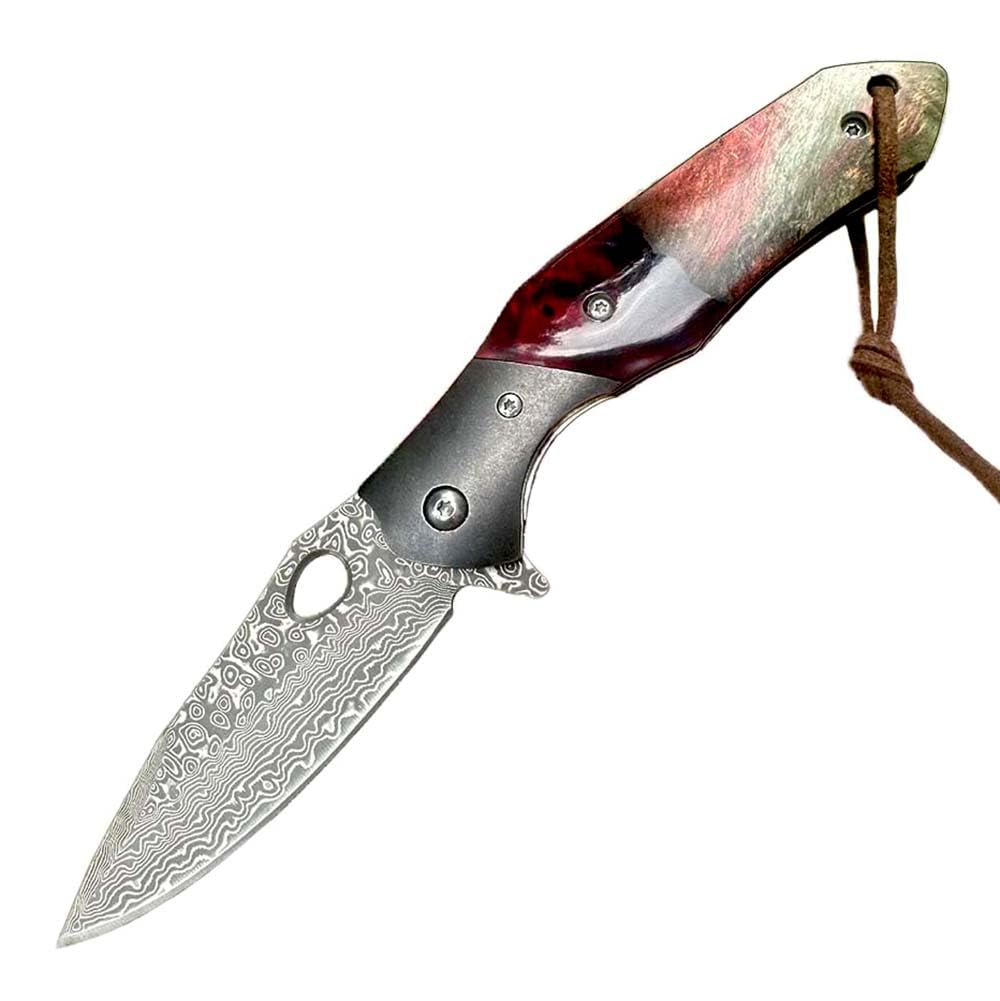 Outdoor Messer Survival Tragbar Taschenmesser Flach Aus stahl Damaskus,stabilisierte holz,Damast Klappmesser,Camping Jagdmesser taktische messer, EDC Damaszener Messer,klein tanto messer mit lederseil