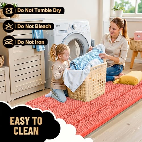 Image of OLANLY Thick Bathroom Runner Rugs 47x17, Extra Absorbent Chenille Striped Bath Rugs, Rubber Backing, Machine Wash Dry, Long Bath Mats for Bathroom Floor, Tub and Shower, Home Decor Accessories, Coral