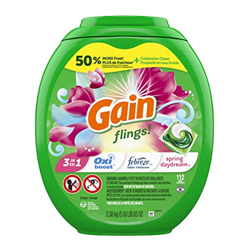 Image of Gain flings Laundry Detergent Soap Pacs HE Compatible 112 ct Long Lasting Scent Spring Daydream