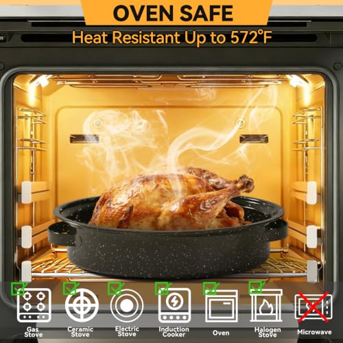 15.4” Roasting Pan With Lid, Oval Roaster Pan, Medium Enameled Roast Pan For Turkey, Chicken, Lamb, Beef Vegetables, Casserole, Lasagna, Sourdough Bread - Image 4