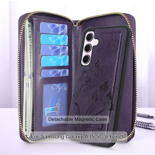 Lacass Wallet for Samsung Galaxy A35 5G, Crossbody Dual Zipper Detachable Magnetic Leather Wallet Case Cover Wristlets Wrist Strap 13 Card Slots Money Pocket(Floral Dark Purple)
