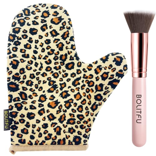 Juego de 2 guantes de autobronceado, guante de autobronceado y cepillo de parte superior plana, aplicador de bronceado para autobronceado sin sol (leopardo)