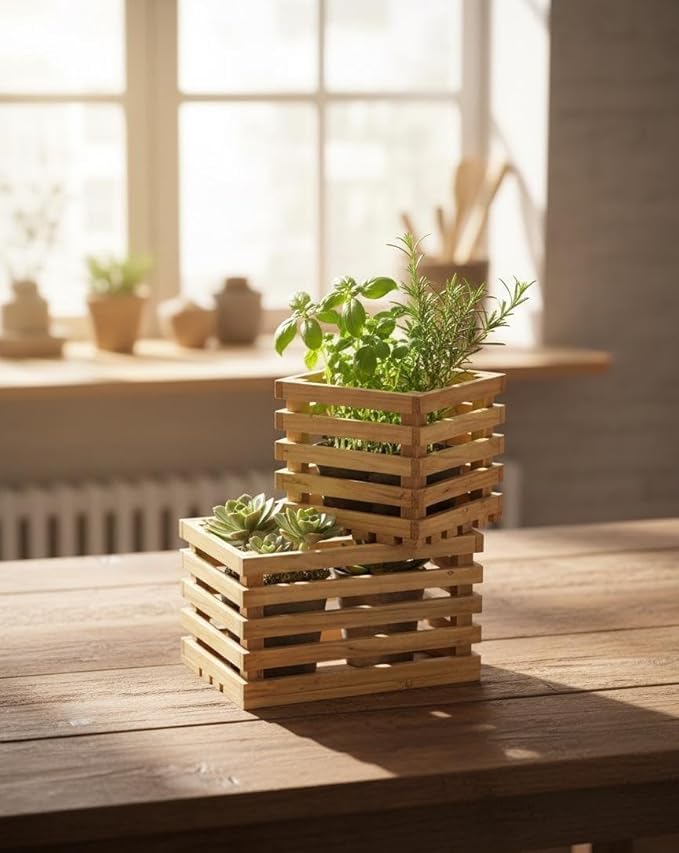 PURE WOOD Stackable Planter Box Set, Natural Teak Wood, 14x14x14