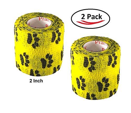 Image of Vet Wrap Wrap Tape (Yellow with Paw Prints) (2 Pack) (4 Inch x 15 feet) Self Adhesive Adherent Adhering Cohesive Flex Self Stick Bandage Grip Roll Dog Cat Pet Horse