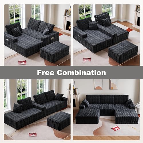 Image of Modular Sectional Sofa Couches L-Shape Couch 3 Seat Modular Sofa Memory Foam Sectional Couches for Living Room (Black, 108 inch+Right Chaise + Ottoman)