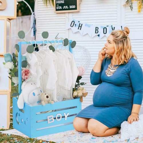 Image of Wooden Baby Shower Crate Closet, Baby Shower Basket with Handle & Rack Hangers & Garland & Letter Cards Wooden Crate for Baby Shower Gifts Toy Storage Box Welcome Newborn Parents Party - Blue