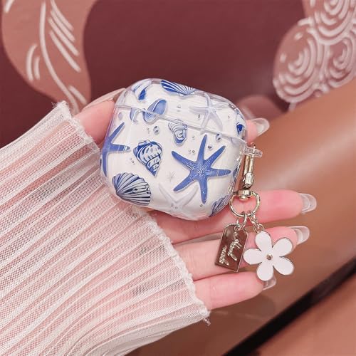 MINSCOSE Kompatibel mit AirPods 4 Clear Case, niedliche schöne Muschel und Starfish Muster Design mit Schlüsselanhänger, weiche TPU Schutz stoßdichte Abdeckung für AirPods 4 für Frauen Mädchen-Blau