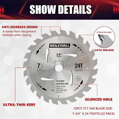 Wesleydrill Circular Saw Blade Set, 12 Pack 7-1/4" X 24-Tooth, Carbon Steel, 5/8 Inch Arbor, Diy Cutting For Wood, Laminate, Wood Composites, Veneered Plywood & Hardwoods #TOP1