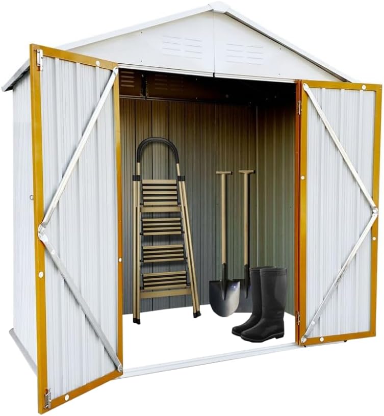 Outdoor Storage Shed 6x4 Ft with Apex Roof, Metal Garden Shed in White and Yellow for Weather-Resistant Shelter