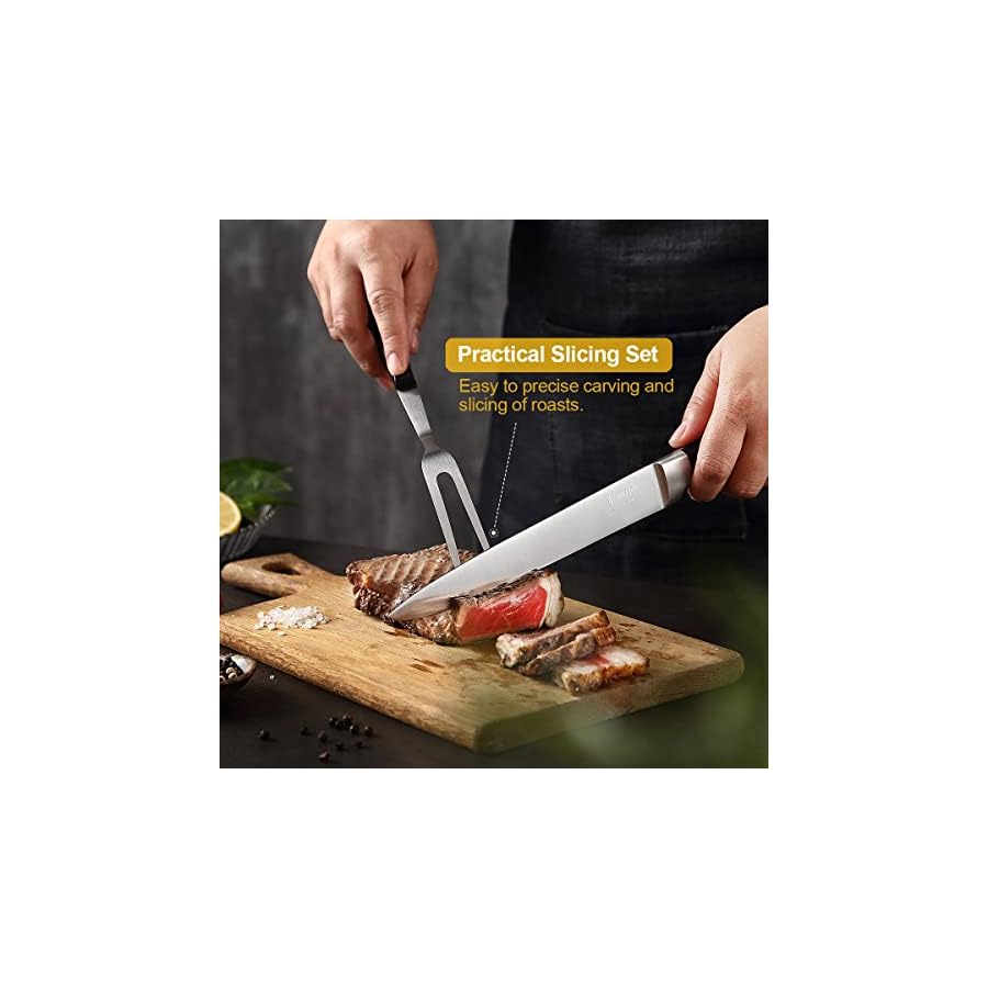 ODERFUN-Carving-Knife-Classic-2-Piece-Carving-Set-8-Inch-German-Stainless-Steel-Slicing-Knife-and-Fork-Set-with-Ergonomic-Full-Tang-Handle-Kitchen-Knives-for-Turkey-Ham-BBQ-Meat-Brisket Carving Knife, Classic 2-Piece 8 Inch German Stainless Steel Slicing Knife and Fork Set with Ergonomic & Full Tang Handle, Kitchen Knives for Turkey, Ham, BBQ, Meat, Brisket