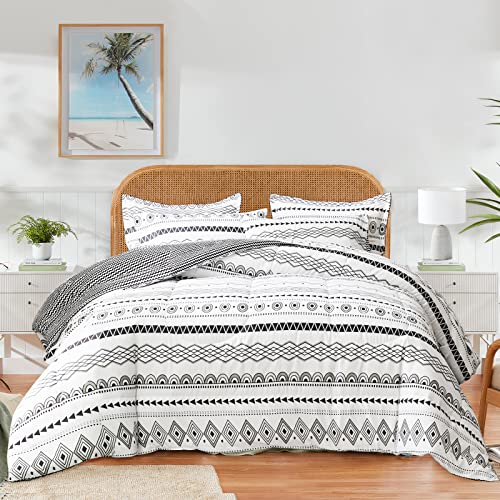 Flysheep Boho Bed In A Bag 7 Pieces King Size, Black And White Bohemian Geometric Reversible Bed Comforter Set For All Season(1 Comforter, 1 Flat Sheet, 1 Fitted Sheet, 2 Pillow Shams, 2 Pillowcases) #TOP14