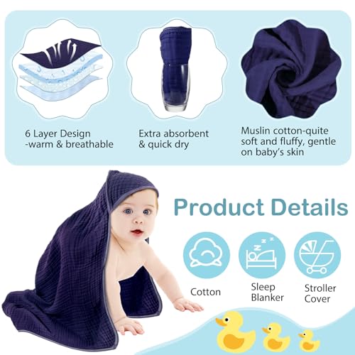 Image of Peryiter 6 Pcs Muslin Hooded Baby Towels, 32 inchx 32 inch Cotton Newborn Bath Towel Muslin Infant Baby Blankets Absorbent Unisex Newborn Registry Gift Essentials for Girls Boys (Blue)