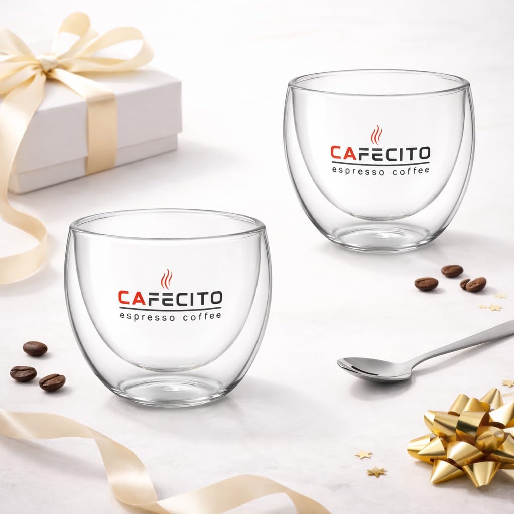 CAFECITO® Double Wall Espresso Glass Cups – 80ml (2.7 oz) Set of 2 – Borosilicate Insulated Demitasse Glasses for Espresso, Cortadito & Café Colao – Clear Thermal Espresso Cups