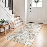 3x6 Washable Non-Slip Kitchen Runner Rug – Modern Abstract Wide Floor Carpet Runner with Rubber Backing for Entryway, Hallway, Bathroom, Living Room, Low Pile Thin (Gold Grey)