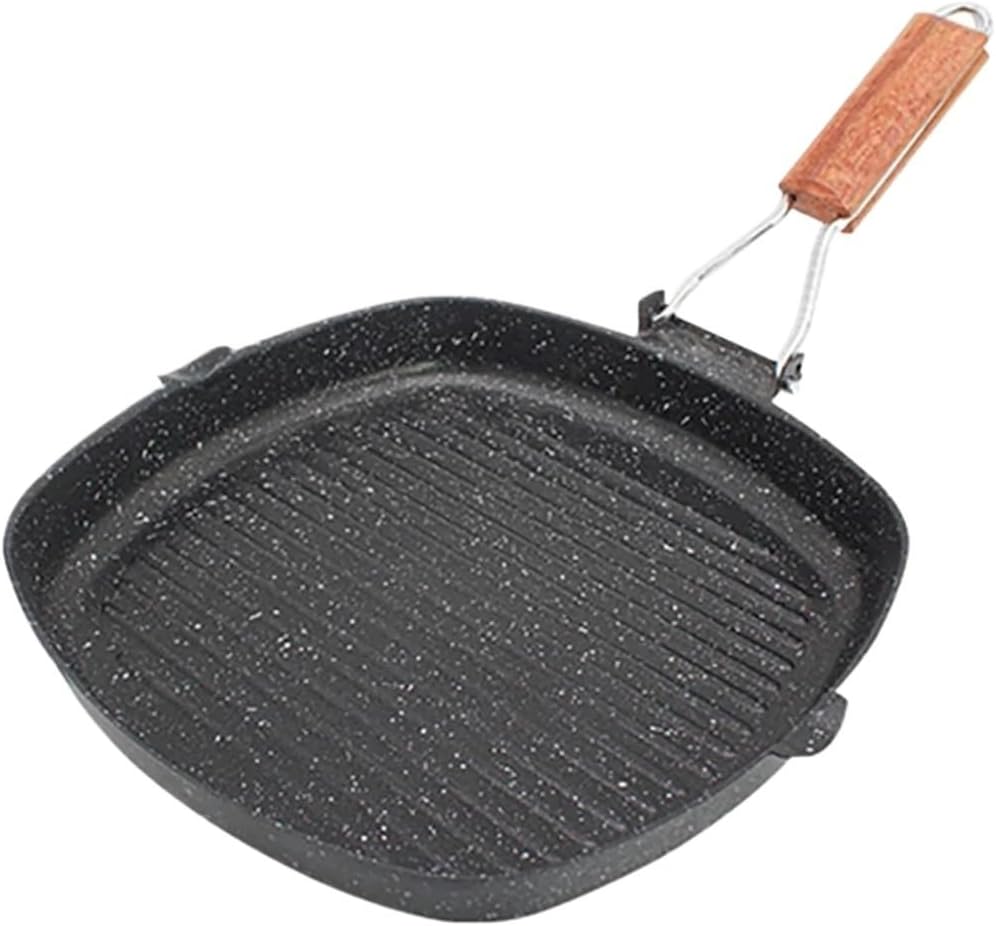 Folding Nonstick Steak Pan – Striped Flat Bottom Cookware Compatible with Gas & Induction Stoves for Outdoor & Home Use