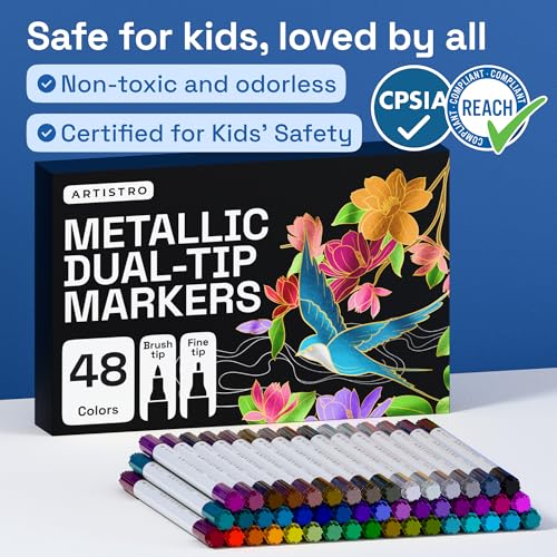 Image of ARTISTRO 48 Metallic Acrylic Paint Markers - Paint Pens for Drawing - For Fabric, Rock, Glass, Wood, Molds - Arts & Crafts Gift for Adults, Teens, Kids, Classroom Must Haves & School Supplies