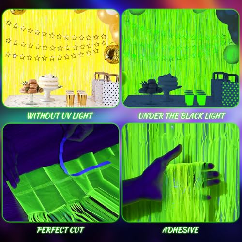 Image of 2 Pack Glow in The Dark Party Streamers, Neon Party Decorations Fluorescent Macaron Yellow Tinsel Foil Fringe Curtains, Photo Booth Prop Backdrop Streamers, Birthday Halloween Party Decorations