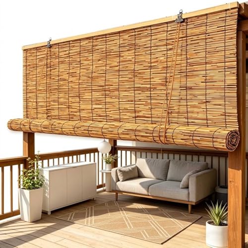 Natural Reed Exterior Roller Shades Outdoor Bamboo Style Sun Shade for Patio Weatherproof Matchstick Cordless Blinds Roll Up Privacy Screen for Porch Balcony Light Filtering(48 W x 48 H)