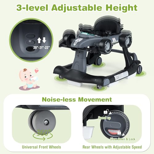Image of GLACER Foldable Baby Walker, 4-in-1 Infant Walker with Adjustable Height & Speed, Music, Light, Steering Wheel & Washable Cushion, Baby Walker Activity Center for Boys Girls 6 -18 Months (Gray)