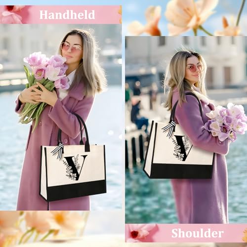 Image of Personalized Initial Canvas Tote Bag, Suitable for Birthday, Wedding, Beach, Holiday, Gifts for Women, Mom, Teachers, Nurses, Best Friends, Bridesmaids (V)
