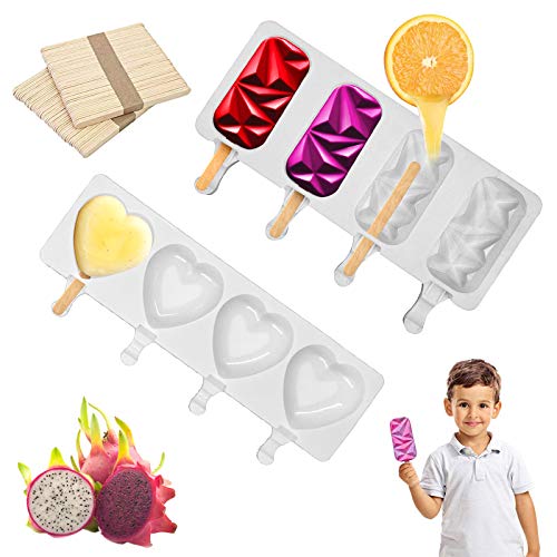 Silicone Popsicle Molds,Homemade Popsicle Molds Shapes,4 Cell Silicone Popsicle Mold,Popsicle Maker Ice Cream Mold with 100 Wooden Sticks for DIY Ice Cream (A+B)