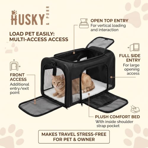Image of Husky & Purr Cat Bag Carrier for Cats & Small Dogs | Airline Approved Soft-Sided Pet Carrier | Safety Interior Leash | Comfort Travel Small Dog Bag | Up to 8kgs