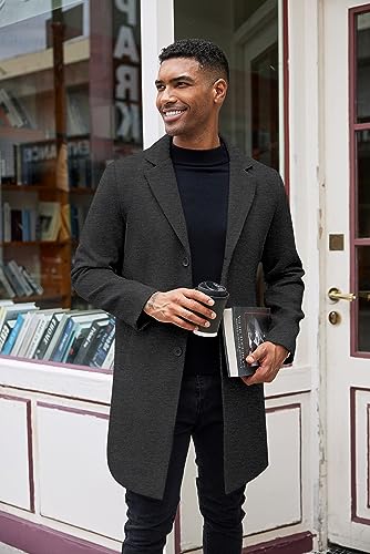 COOFANDY Men's Winter Coats Grey Lapel Collar Trench Coats Men Slim Fit Mid Long Overcoat Regular Fit Soft Woolen Coat Dark Grey M3