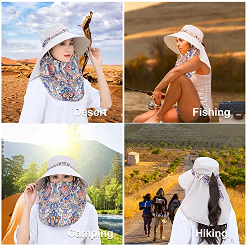 Image of Women Wide Brim Face Mask Sun Hat Detachable Neck Face Flap Ponytail UV Protection Visor Hat Garden Fishing Hiking