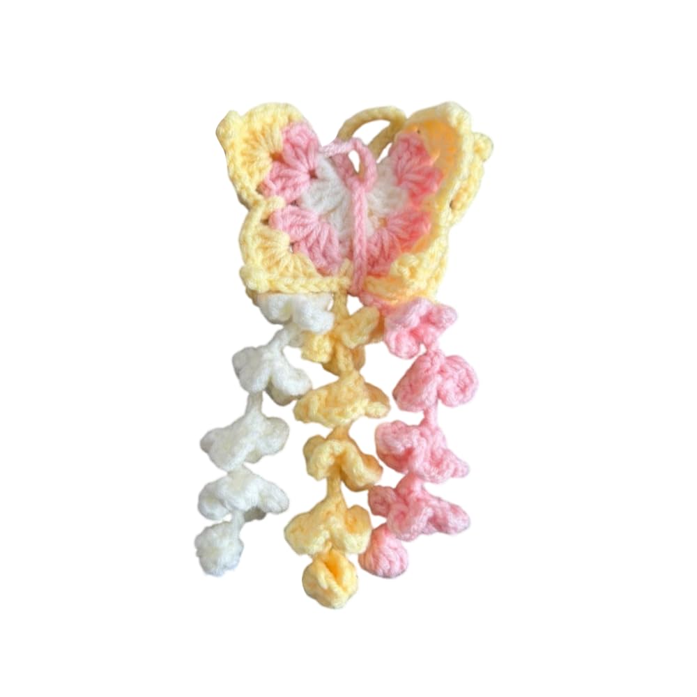 Crochet Butterfly Car Rearview Mirror Ornament, Hanging Knitted Car Interior Decor Woven Keychain Pendant for Cars & Keychains Decor
