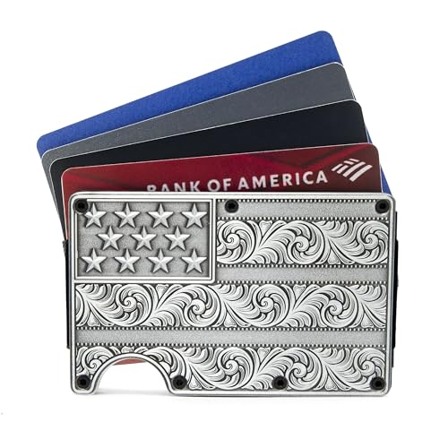 Image of American Flag Wallet Flourish Engraved Silver Metal Cardholder /WITH REMOVABLE Money Clip for Men with RFID Blocking - Slim, Stylish, and Secure Credit Card Holder