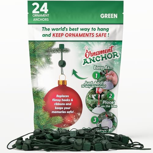 Image of ORNAMENT ANCHOR Ornament Hooks for Hanging Christmas Decorations - No-Slip Hanging Hooks for Xmas - Heavy Duty Christmas Tree Ornaments Hanger Hooks for Small & Large Ornaments (Green, 24 Count)