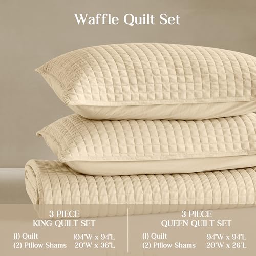Image of Wonderful 3 Piece Waffle Weave Quilt Set King Size, Beige Lightweight Bedspread Coverlet for All Season, Ultra Soft Microfiber Bedding Set with 2 Pillow Shams, Waffle Pattern Quilted Design 104 inchx94 inch | Breathable & Cozy