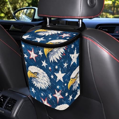 Image of Talayituse Eagle American Flag Print Car Trash Bin, Large Size Auto Trash Can Adjustable Portable Garbage Can with Lid, Vehicle Hanging Bag for Headrest Front Back Seat 4th of July Decor