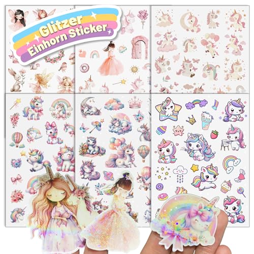 Pegatinas de unicornio con efecto brillante, 6 unidades, más de 150 diseños de purpurina, pegatinas de unicornio, holográficas para niños, niñas, álbumes de recortes, álbumes de fotos, regalos (no