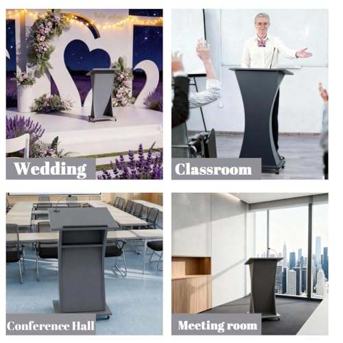 Image of Portable Wooden Podium Stand with Lockable Wheels, Lightweight 42.5 inch Rolling Lectern for Churches, Ideal for Presentations, Events, and Conferences - Versatile White Pulpit.