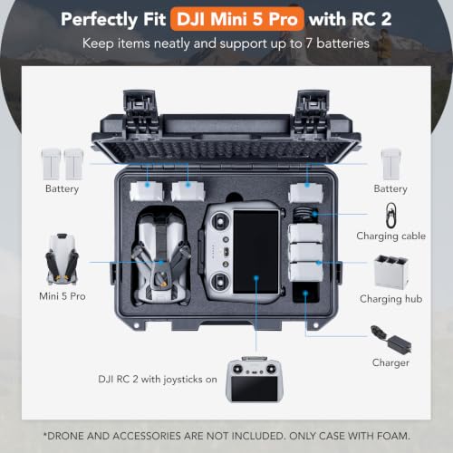 Image of Lykus Titan MM510 Waterproof Hard Case for DJI Mini 5 Pro and RC2 /RC-N3 | CASE ONLY,Fits Fly More Combo,Up to 7 Batteries,Supports RC Lanyard,IP67 Waterproof,Shockproof,CNC Cut Premium Foam