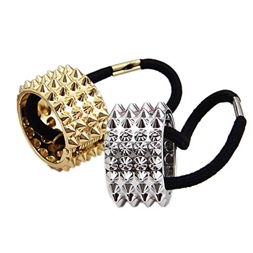 4Pcs Punk Rivet Metal Hair Ties Round Ring Ponytail Hair Cuff Headwear Elastic Hair Band Ties for Lady Women Girls, Gold & Silver