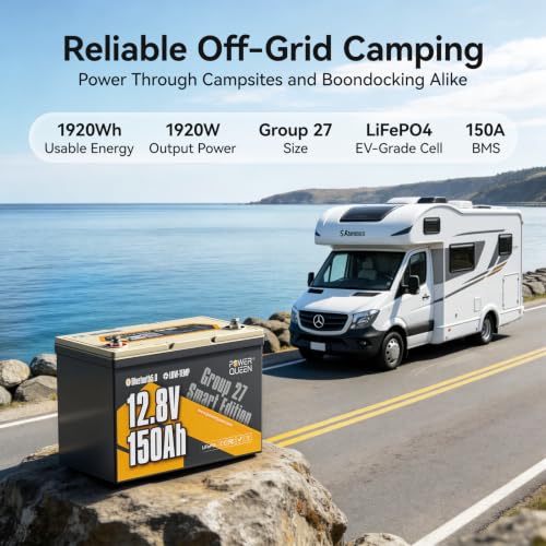 Image of Power Queen 12V 150Ah LiFePO4 Lithium Battery Bluetooth for Marine, RVs | Group 27,150A BMS, Up to 15000 Cycles, IP65 Waterproof, Low Temp Protection, 1920Wh for Trolling Motor, RV Motorhome, Solar