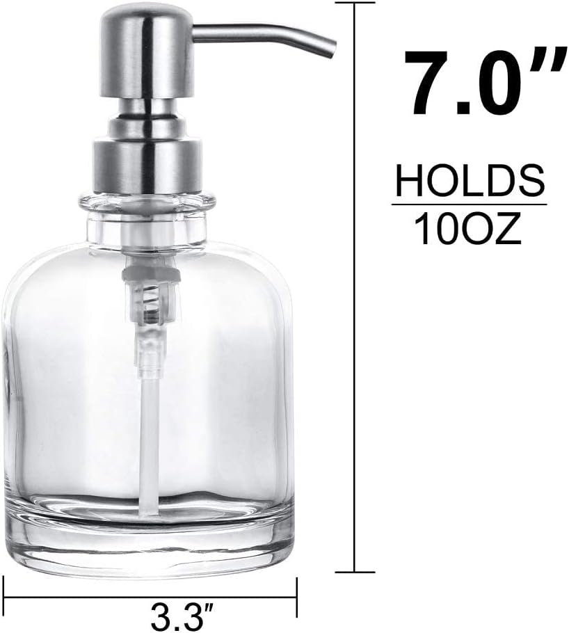 2 Pcs Thick Clear Glass Hand Soap Dispenser Bathroom with Silver Stainless Steel Pump, 12oz Clear Boston Round Bottle Dispenser with Pump for Kitchen Dish